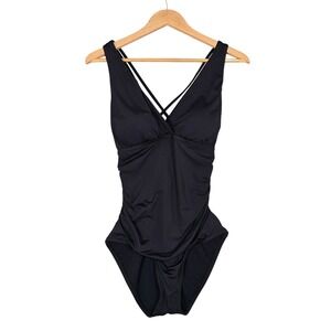 Jantzen Women's Solid Black Ruched One Piece Swimsuit Strappy Back 10